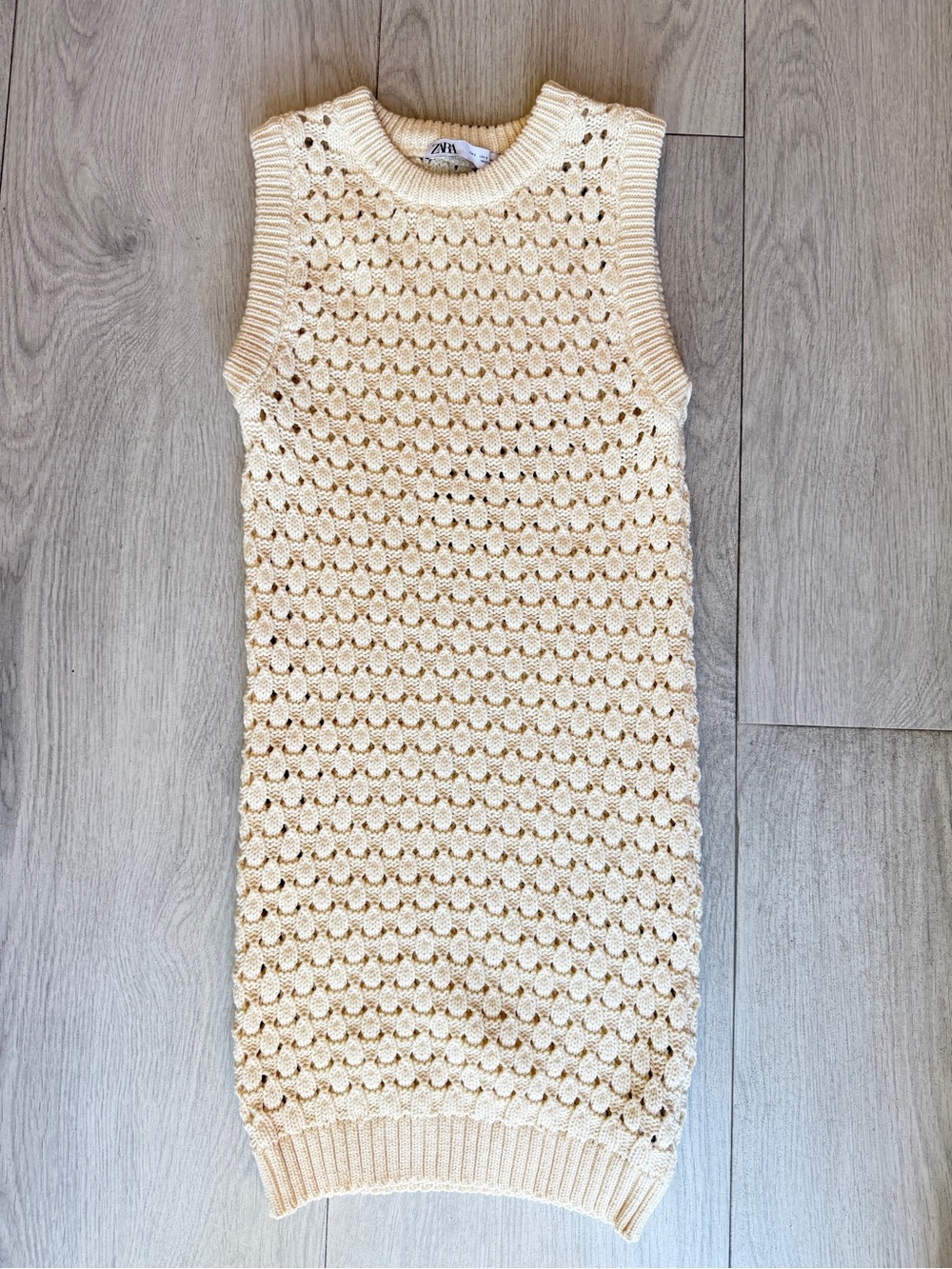 Zara Sleeveless Crochet Knit Tunic Beach Dress in Cream